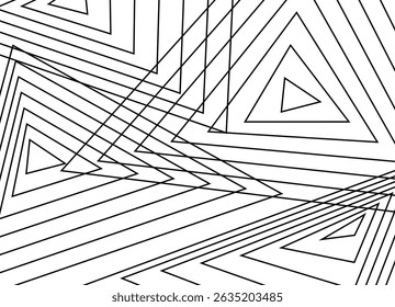 Fundo vetorial de linhas pretas finas em um fundo branco. Triângulos abstratos entrelaçados. Padrão listrado em preto e branco. Fluindo. Óptico. Para capas, interior, anúncios