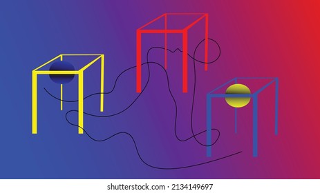 Vector background with three chairs in yellow, red and blue. Background in gradient from blue to red. There is twine wrapped between the legs of the chairs