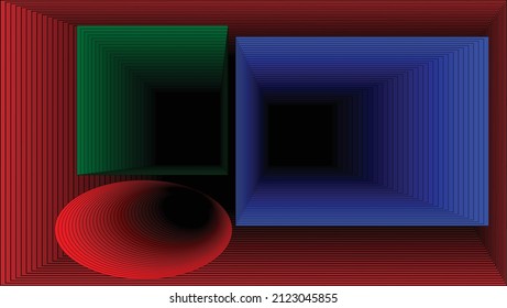 vector background. Three cubes and blocks without a bottom in another large box. The backs of the boxes are missing and I open the door to a mysterious space.