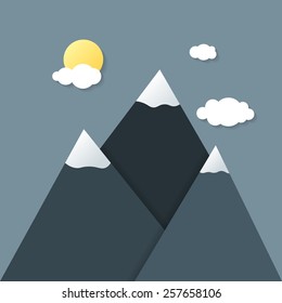 Vector background with three mountains, sun and clouds. Material design