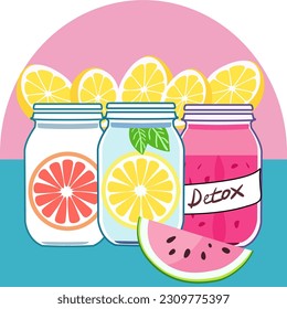 Vector background of three refreshing summer drinks in mason jars with watermelon and lemon slices. Three mason jars filled with watermelon, lemon, and watermelon slices.