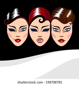 Vector background three woman faces masks with different facial expression