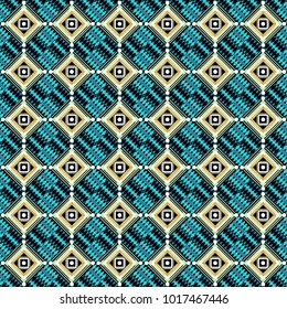 Vector background with tiles and rhombus. Vector geometrical seamless ornament. Seamless pattern in white, black and blue colors.