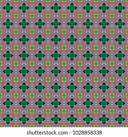 Vector background with tiles and rhombus. Vector geometrical seamless ornament. Seamless pattern in orange, blue and pink colors.