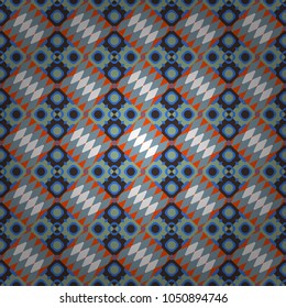 Vector background with tiles and rhombus. Vector geometrical seamless ornament. Seamless pattern in blue, orange and green colors.