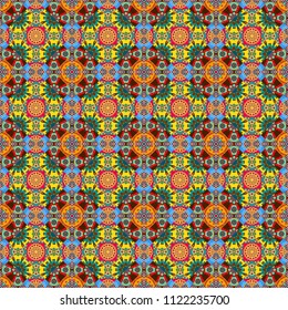 Vector background with tiles and rhombus. Vector geometrical seamless ornament. Seamless pattern in yellow, pink and blue colors.