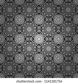 Vector background with tiles and rhombus. Vector geometrical seamless ornament. Seamless pattern in black, white and gray colors.