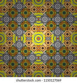 Vector background with tiles and rhombus. Vector geometrical seamless ornament. Seamless pattern in gray, blue and yellow colors.