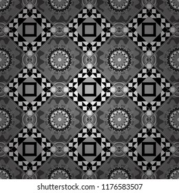 Vector background with tiles and rhombus. Vector geometrical seamless ornament. Seamless pattern in gray, black and white colors.