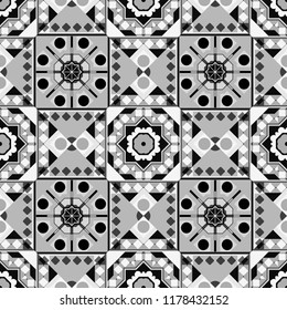 Vector background with tiles and rhombus. Vector geometrical seamless ornament. Seamless pattern in black, white and gray colors.