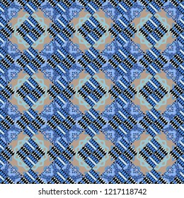 Vector background with tiles and rhombus. Vector geometrical seamless ornament. Seamless pattern in beige, blue and black colors.