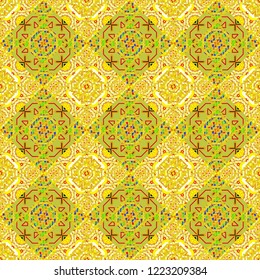 Vector background with tiles and rhombus. Vector geometrical seamless ornament. Seamless pattern in white, orange and yellow colors.