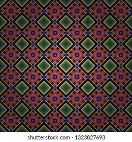 Vector background with tiles and rhombus. Vector geometrical seamless ornament. Seamless pattern in brown, black and green colors.