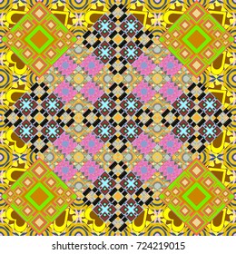 Vector background with tiles and rhombus. Vector geometrical seamless ornament. Seamless pattern in orange, green and yellow colors.