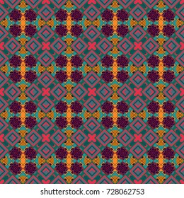 Vector background with tiles and rhombus. Vector geometrical seamless ornament. Seamless pattern in green, brown and blue colors.