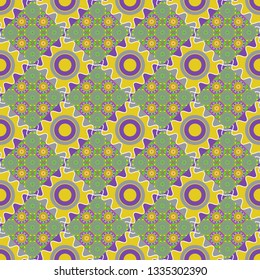 Vector background with tiles and rhombus. Seamless pattern in gray, violet and yellow colors. Vector geometrical seamless ornament.