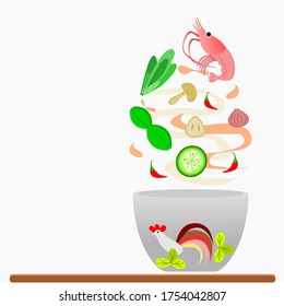 Vector Background, Tom Yum Kung Thai Food with Ingredients and Thai Traditional Bowl, simple and popular Thai hot and sour soup, familiar and famous to many from Thai restaurant, herbs, hot and spicy
