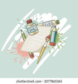 Vector background with tools for drawing, learning and creativity: Pencils, brushes, paints, ink. Stationery for teaching children in an art school. Simple hand drawn objects around a sheet of paper