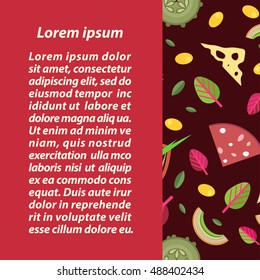 Vector background of toppings for pizzas in flat style with burgundy vertical strike the wells for text.