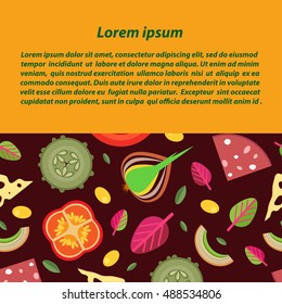 Vector background of toppings for pizzas in flat style. Orange horizontal strike the wells for text
