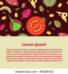 Vector background of toppings for pizzas in flat style with a horizontal Strike the wells for text.