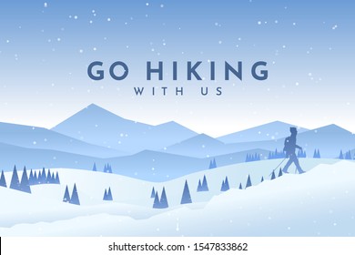 Vector background with tourist. Travel concept of discovering, exploring and observing nature. Winter hiking. Traveler climbs with backpack and travel walking sticks. Blue winter snowy landscape