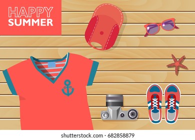 vector background touristic template for summer vacation with wooden texture