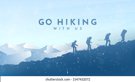 Vector background with tourists. Travel concept of discovering, exploring and observing nature. Winter hiking. Travelers climb with backpack and travel walking sticks. Blue winter snowy landscape