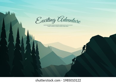 Vector background with tourists. Travel concept of discovering, exploring and observing nature. Hiking. Travelers climb on cliff with backpack. Website template. Flat landscape. Clear sky. Green color