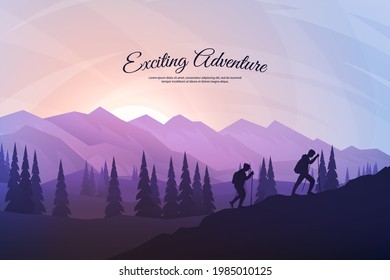 Vector background with tourists. Travel concept of discovering, exploring and observing nature. Hiking. Travelers climb with backpack and travel walking sticks. Website template. Colorful sunset scene