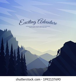 Vector background with tourists. Travel concept of discovering, exploring and observing nature. Hiking. Travelers climb on cliff with backpack. Website template. Flat landscape. Sunset scene