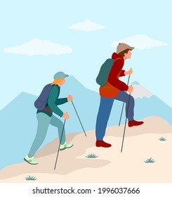 Vector background with tourists. Woman and man couple hiking in mountains.  Travel concept of discovering, exploring and observing nature. Travelling, tourism, mountaineering, activity, adventure. 