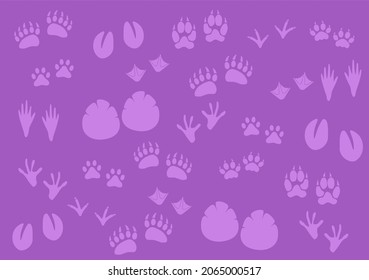 Fondo vectorial, pistas de varios animales en tonos púrpura