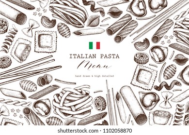 Vector background with traditional Italian pasta isolated on white. Hand drawn food sketches.  Vintage illustration for cafe or restaurant menu design. 