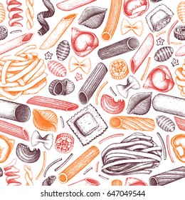 Vector background with traditional Italian pasta sketch.   Vintage seamless pattern with hand drawn food illustrations. Cafe or restaurant menu design