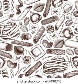 Vector background with traditional Italian pasta sketch.   Vintage seamless pattern with hand drawn food illustrations. Cafe or restaurant menu design