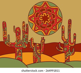 Vector background with traditional mexican ornament. Vector illustration of cactus and sun.