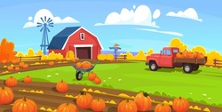 Vector Background Of The Traditional Pumpkin Patch. Holiday Pumpkin Picking On A Farm With A Vintage Truck, Scarecrow, Red Barn, Fence, And Windmill. Landscape View Of A Field Harvest In Fall.
