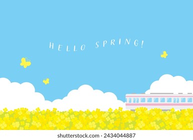 fondo vectorial con un tren y canola flor de campo en el cielo para banderas, tarjetas, volantes, fondos de pantalla de redes sociales, etc.