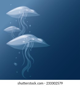 Vector background. Translucent jellyfish on a blue background