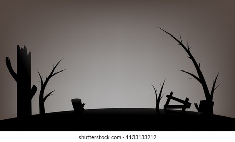 Vector background with tree in the shadows,cemetery with arid hills filled with small trees and dead trees and broken fences.