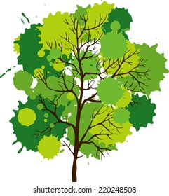 Vector background with tree,tree with decorative foliage of ink spots, hand drawn vector illustration