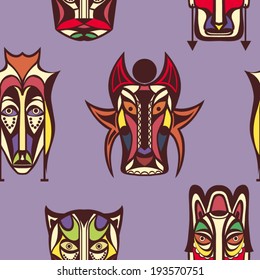 Vector background with tribal masks, seamless pattern