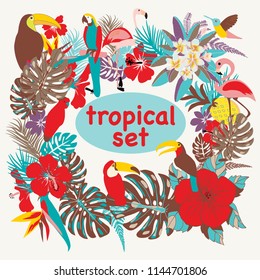 Vector Background with of tropical birds, palm leaves and flowers illustration