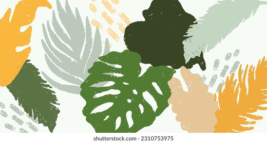 Vector background. Tropical colored leaves. Grunge, rough surface texture. Exotic, Hawaiian forest. Element for design, banner.