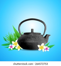 Vector background with tropical flowers, green leaves and teapot