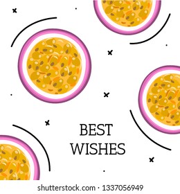Vector background with tropical fruits. Passion fruit. Creative artistic style. It can be use for card, invitation, postcard, cover, banner, thank you message, home decor, label, package design. Eps10