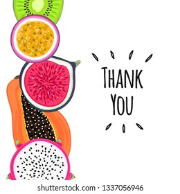 Vector background with tropical fruits. Pitahaya or pitaya , kiwi, passion fruit, fig, papaya. Creative artistic style. Card, invitation, cover, banner, thank you message, label, package design. Eps10
