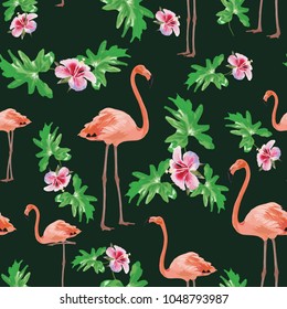 vector  background with tropical hibiscus flower and  leaves and flamingos