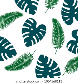 Vector background tropical leaves seamless pattern. Blue and green color
